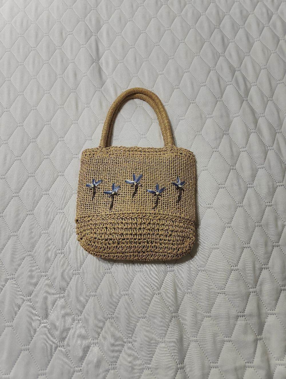 Faded Glory Straw Purse Small Summer Handbag Blue Embroidered Floral - Picture 3 of 6